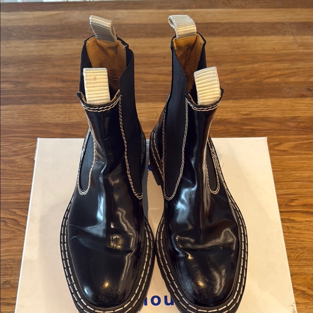 Proenza Shouler Black Chelsea Boots with White Stitching - Size 39